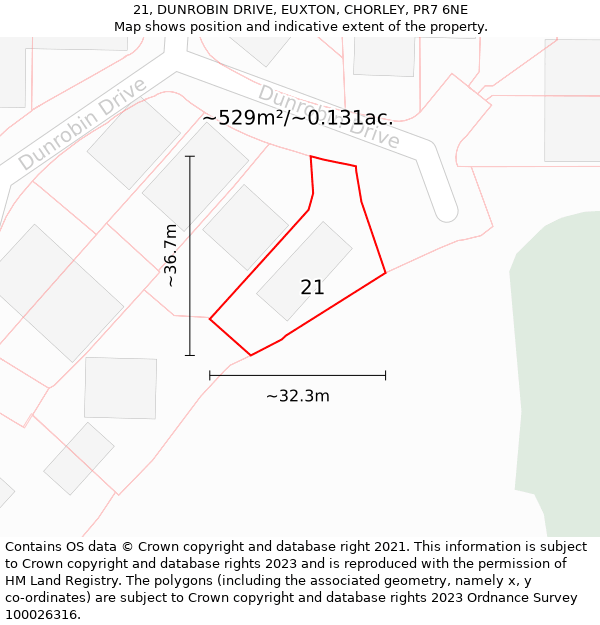 21, DUNROBIN DRIVE, EUXTON, CHORLEY, PR7 6NE: Plot and title map