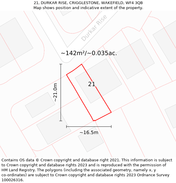 21, DURKAR RISE, CRIGGLESTONE, WAKEFIELD, WF4 3QB: Plot and title map