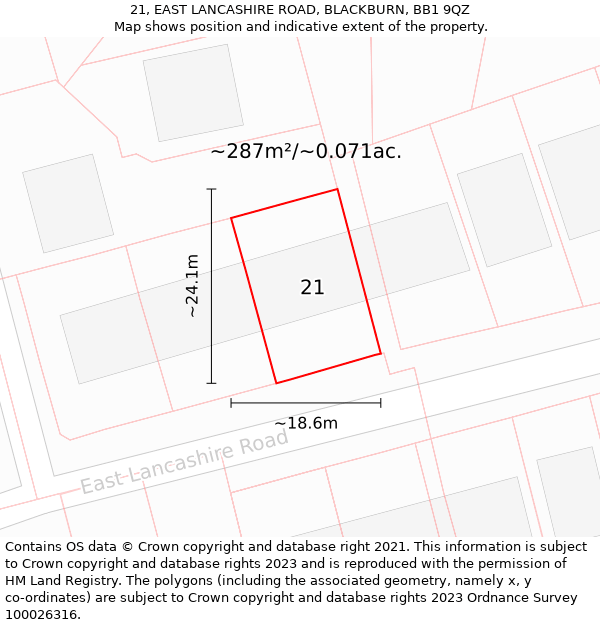 21, EAST LANCASHIRE ROAD, BLACKBURN, BB1 9QZ: Plot and title map