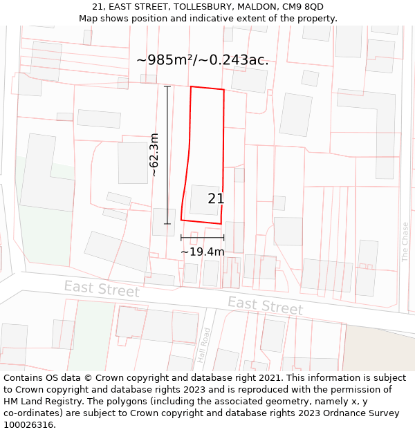 21, EAST STREET, TOLLESBURY, MALDON, CM9 8QD: Plot and title map