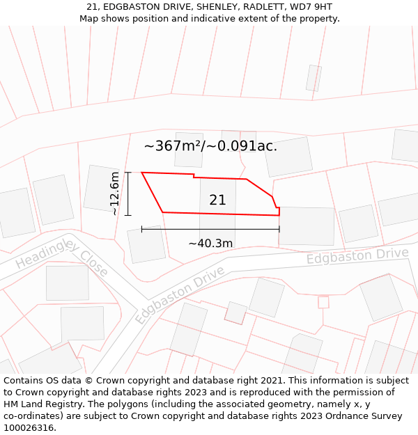 21, EDGBASTON DRIVE, SHENLEY, RADLETT, WD7 9HT: Plot and title map