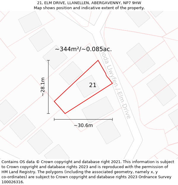 21, ELM DRIVE, LLANELLEN, ABERGAVENNY, NP7 9HW: Plot and title map