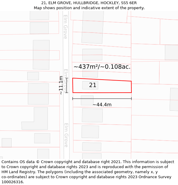 21, ELM GROVE, HULLBRIDGE, HOCKLEY, SS5 6ER: Plot and title map