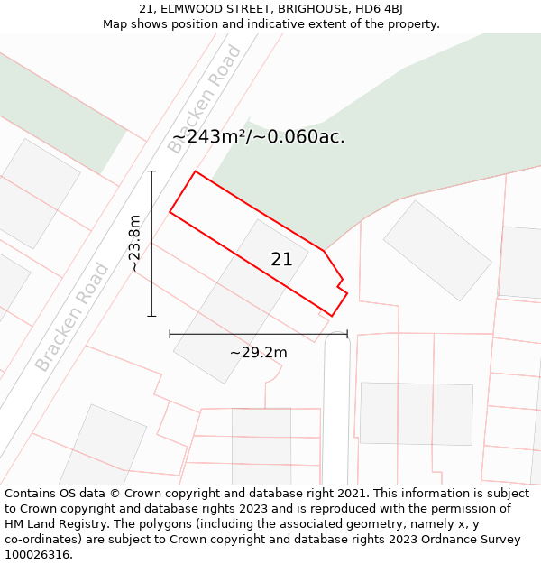 21, ELMWOOD STREET, BRIGHOUSE, HD6 4BJ: Plot and title map