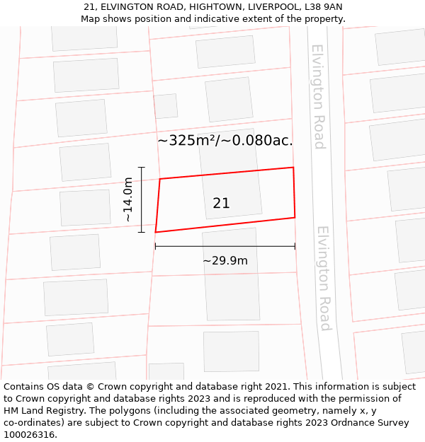 21, ELVINGTON ROAD, HIGHTOWN, LIVERPOOL, L38 9AN: Plot and title map