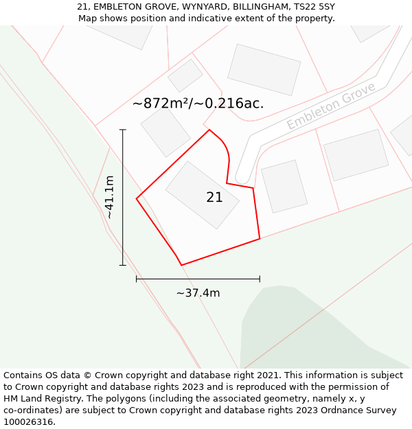 21, EMBLETON GROVE, WYNYARD, BILLINGHAM, TS22 5SY: Plot and title map