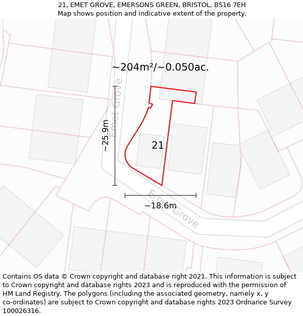 21, EMET GROVE, EMERSONS GREEN, BRISTOL, BS16 7EH: Plot and title map
