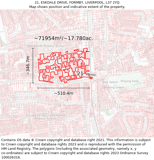 21, ESKDALE DRIVE, FORMBY, LIVERPOOL, L37 2YQ: Plot and title map