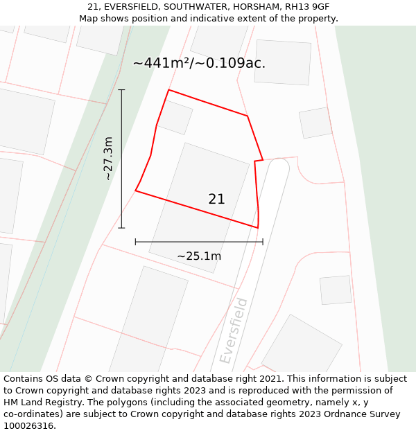 21, EVERSFIELD, SOUTHWATER, HORSHAM, RH13 9GF: Plot and title map