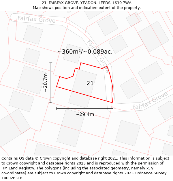 21, FAIRFAX GROVE, YEADON, LEEDS, LS19 7WA: Plot and title map