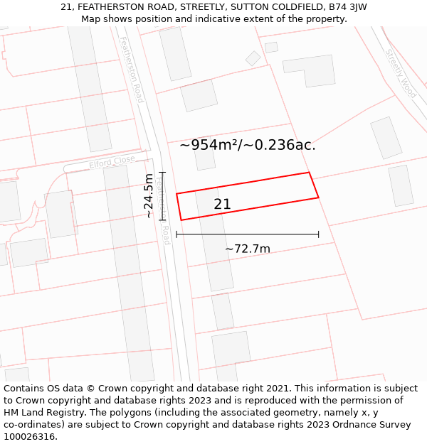 21, FEATHERSTON ROAD, STREETLY, SUTTON COLDFIELD, B74 3JW: Plot and title map