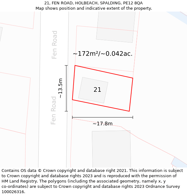 21, FEN ROAD, HOLBEACH, SPALDING, PE12 8QA: Plot and title map