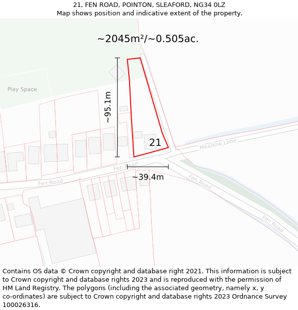 21, FEN ROAD, POINTON, SLEAFORD, NG34 0LZ: Plot and title map