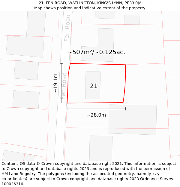 21, FEN ROAD, WATLINGTON, KING'S LYNN, PE33 0JA: Plot and title map