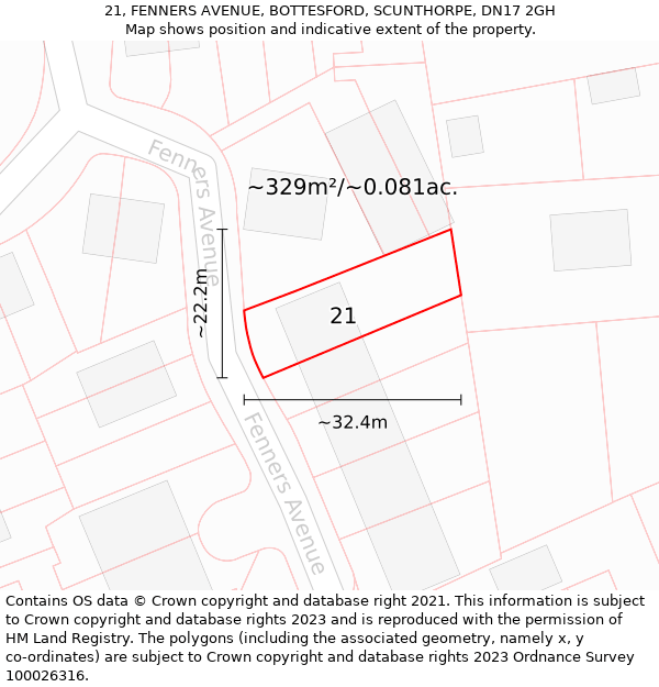 21, FENNERS AVENUE, BOTTESFORD, SCUNTHORPE, DN17 2GH: Plot and title map