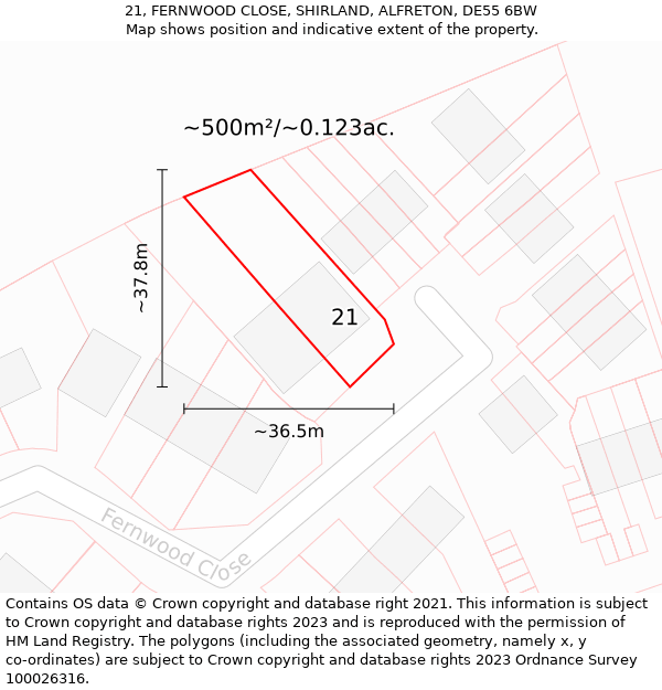 21, FERNWOOD CLOSE, SHIRLAND, ALFRETON, DE55 6BW: Plot and title map