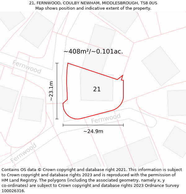 21, FERNWOOD, COULBY NEWHAM, MIDDLESBROUGH, TS8 0US: Plot and title map