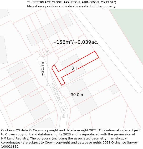 21, FETTIPLACE CLOSE, APPLETON, ABINGDON, OX13 5LQ: Plot and title map