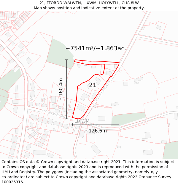 21, FFORDD WALWEN, LIXWM, HOLYWELL, CH8 8LW: Plot and title map