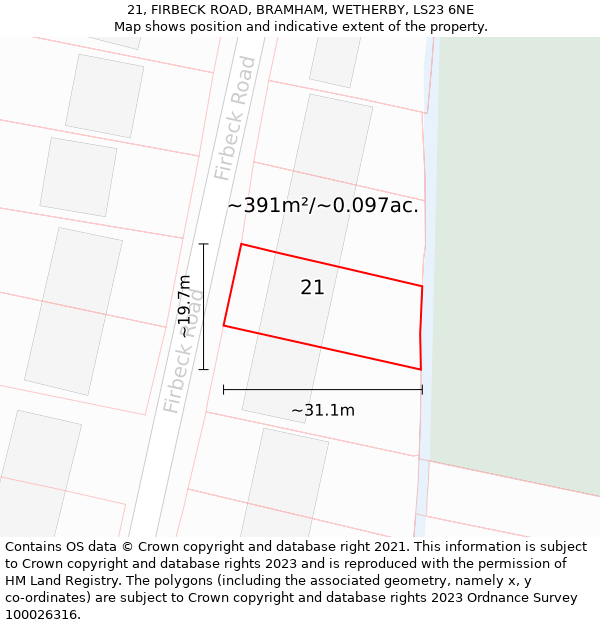 21, FIRBECK ROAD, BRAMHAM, WETHERBY, LS23 6NE: Plot and title map