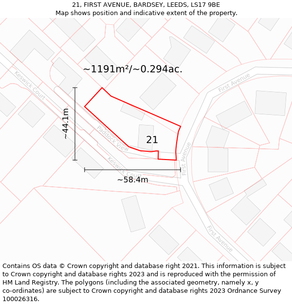 21, FIRST AVENUE, BARDSEY, LEEDS, LS17 9BE: Plot and title map