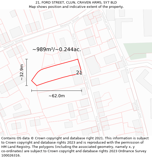 21, FORD STREET, CLUN, CRAVEN ARMS, SY7 8LD: Plot and title map