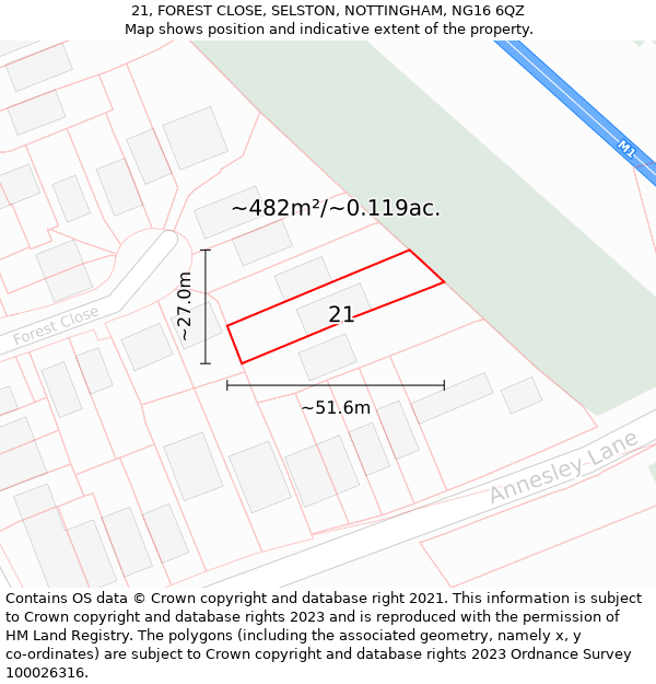 21, FOREST CLOSE, SELSTON, NOTTINGHAM, NG16 6QZ: Plot and title map