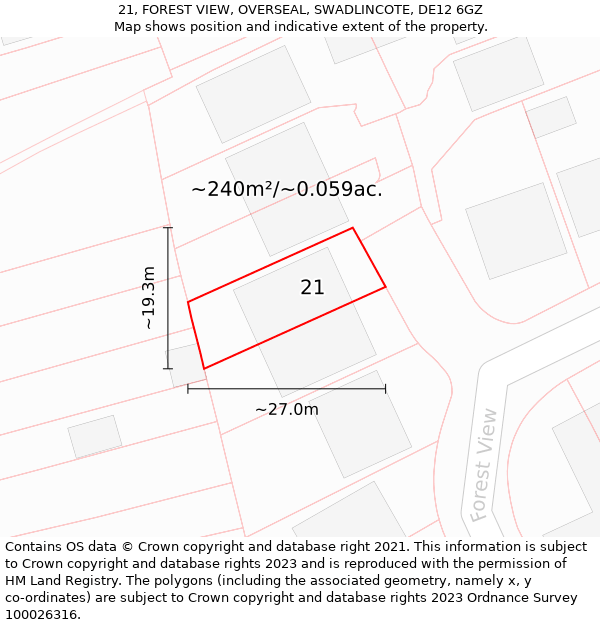 21, FOREST VIEW, OVERSEAL, SWADLINCOTE, DE12 6GZ: Plot and title map