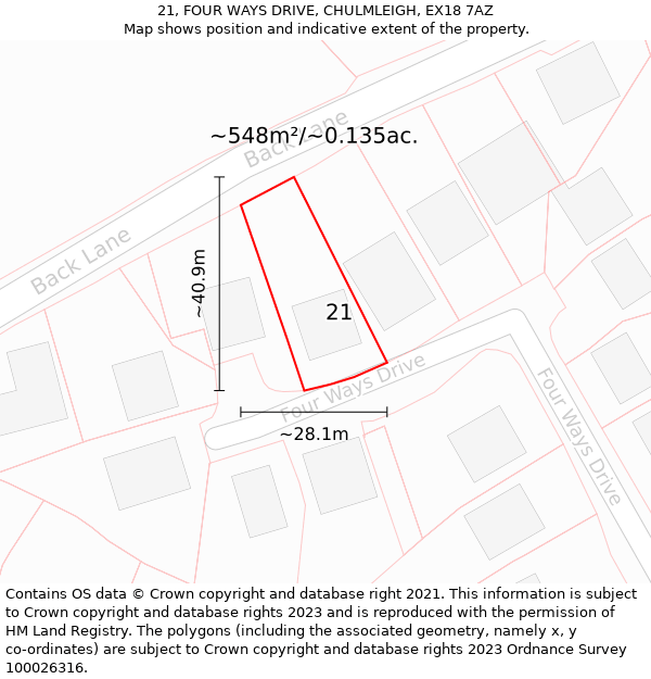 21, FOUR WAYS DRIVE, CHULMLEIGH, EX18 7AZ: Plot and title map