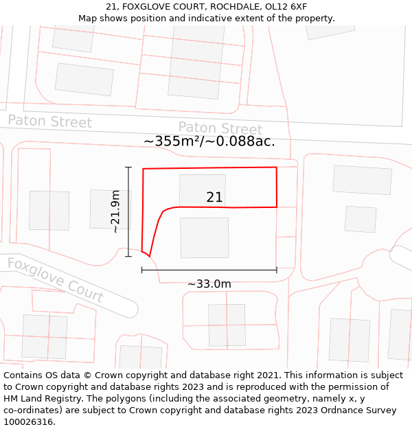 21, FOXGLOVE COURT, ROCHDALE, OL12 6XF: Plot and title map