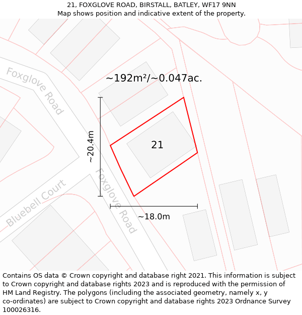 21, FOXGLOVE ROAD, BIRSTALL, BATLEY, WF17 9NN: Plot and title map