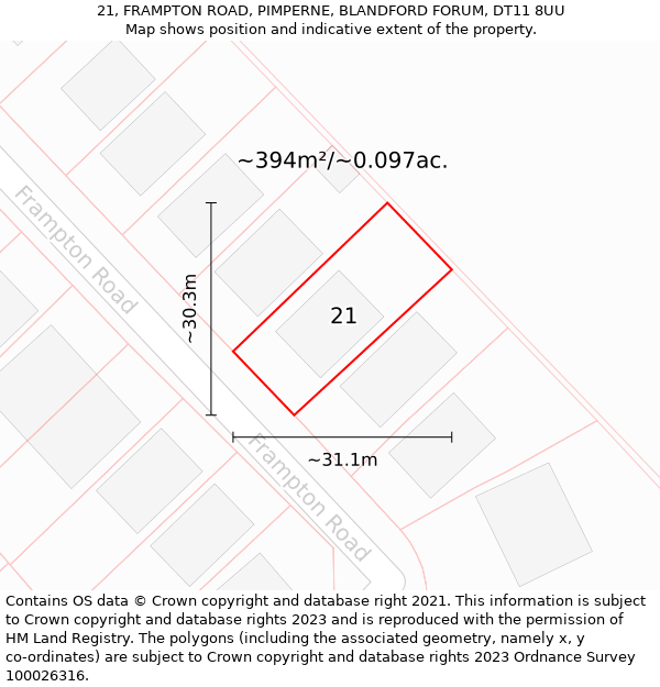 21, FRAMPTON ROAD, PIMPERNE, BLANDFORD FORUM, DT11 8UU: Plot and title map