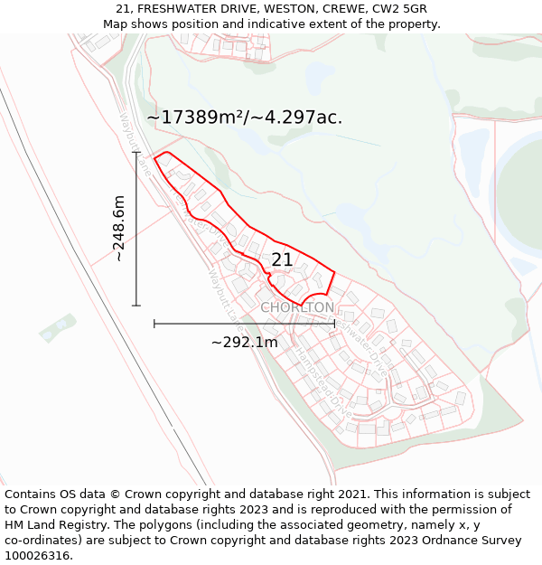 21, FRESHWATER DRIVE, WESTON, CREWE, CW2 5GR: Plot and title map