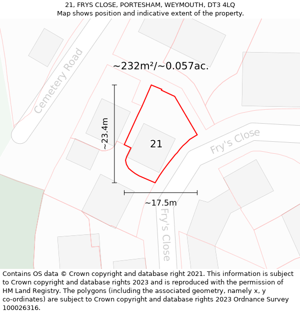 21, FRYS CLOSE, PORTESHAM, WEYMOUTH, DT3 4LQ: Plot and title map