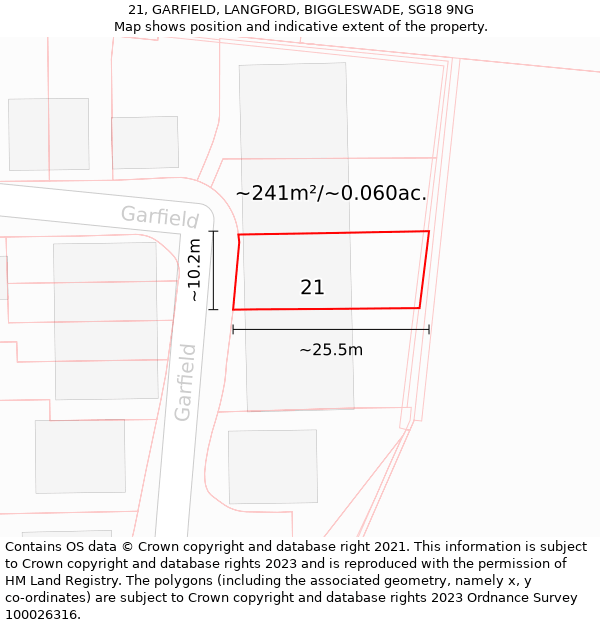 21, GARFIELD, LANGFORD, BIGGLESWADE, SG18 9NG: Plot and title map