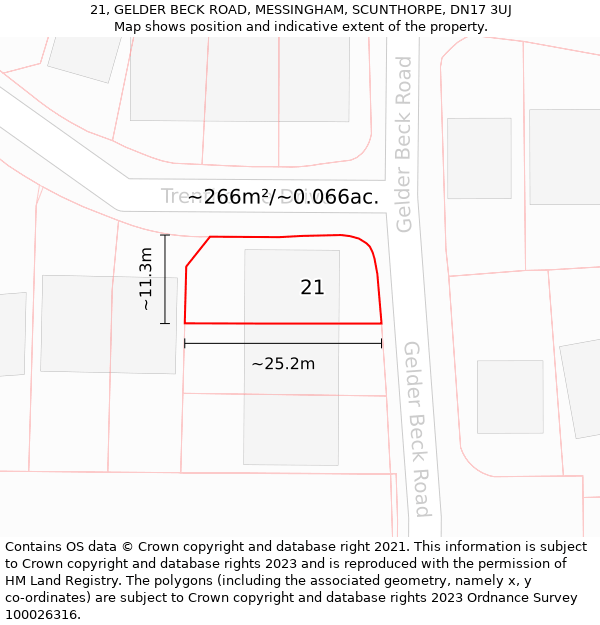 21, GELDER BECK ROAD, MESSINGHAM, SCUNTHORPE, DN17 3UJ: Plot and title map