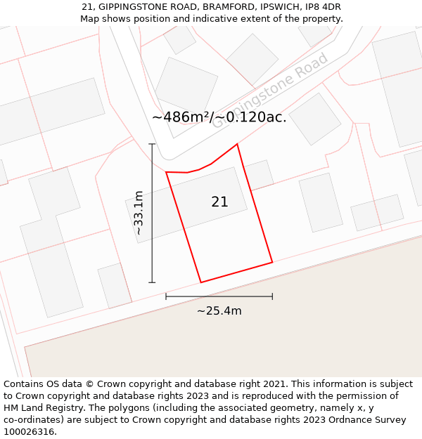 21, GIPPINGSTONE ROAD, BRAMFORD, IPSWICH, IP8 4DR: Plot and title map