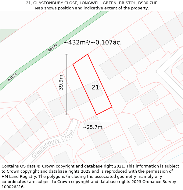 21, GLASTONBURY CLOSE, LONGWELL GREEN, BRISTOL, BS30 7HE: Plot and title map