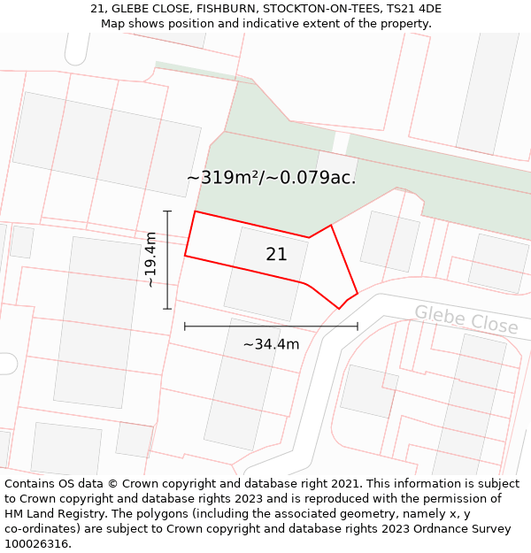 21, GLEBE CLOSE, FISHBURN, STOCKTON-ON-TEES, TS21 4DE: Plot and title map