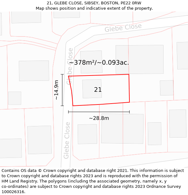 21, GLEBE CLOSE, SIBSEY, BOSTON, PE22 0RW: Plot and title map