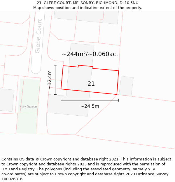 21, GLEBE COURT, MELSONBY, RICHMOND, DL10 5NU: Plot and title map