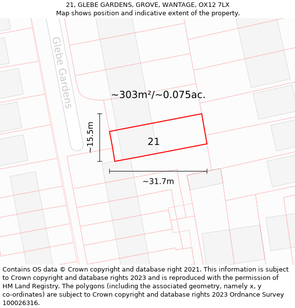 21, GLEBE GARDENS, GROVE, WANTAGE, OX12 7LX: Plot and title map