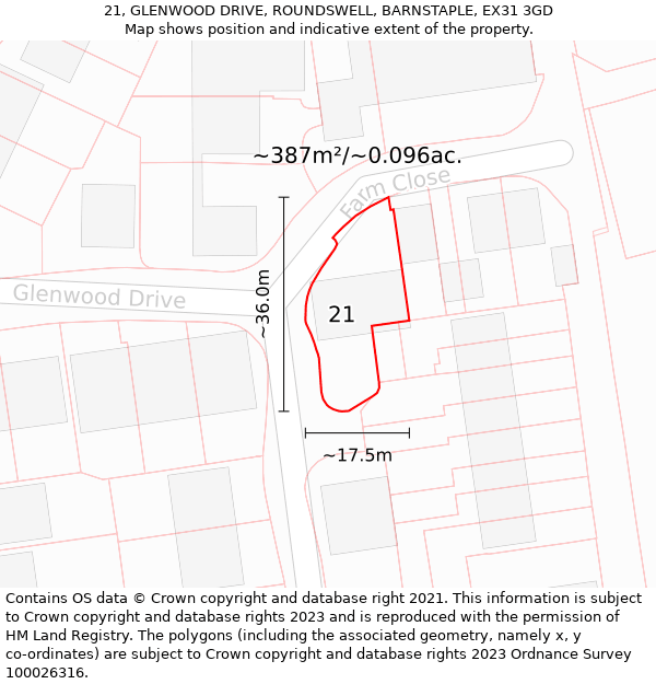 21, GLENWOOD DRIVE, ROUNDSWELL, BARNSTAPLE, EX31 3GD: Plot and title map