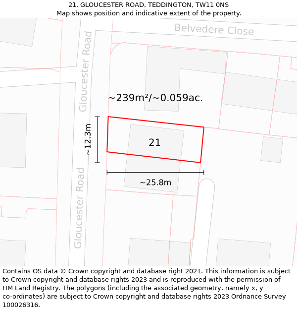 21, GLOUCESTER ROAD, TEDDINGTON, TW11 0NS: Plot and title map