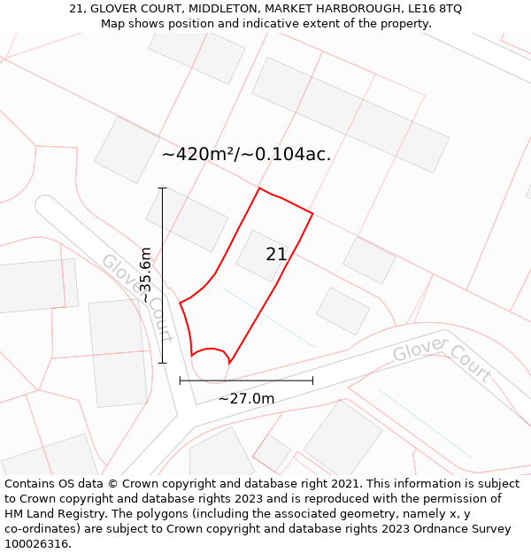 21, GLOVER COURT, MIDDLETON, MARKET HARBOROUGH, LE16 8TQ: Plot and title map