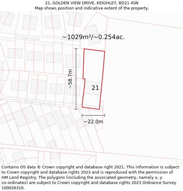 21, GOLDEN VIEW DRIVE, KEIGHLEY, BD21 4SN: Plot and title map