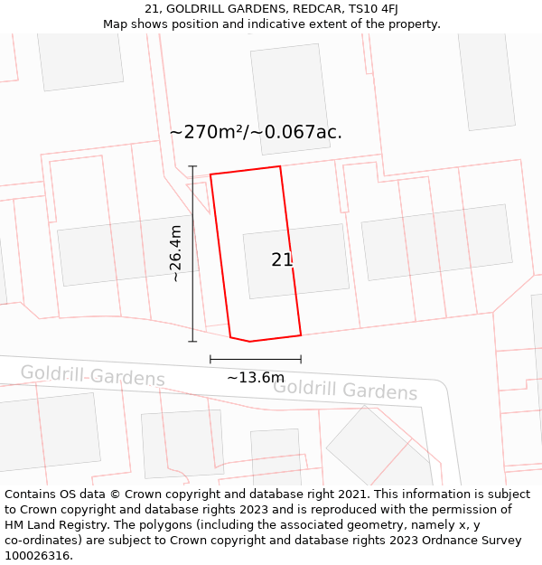 21, GOLDRILL GARDENS, REDCAR, TS10 4FJ: Plot and title map