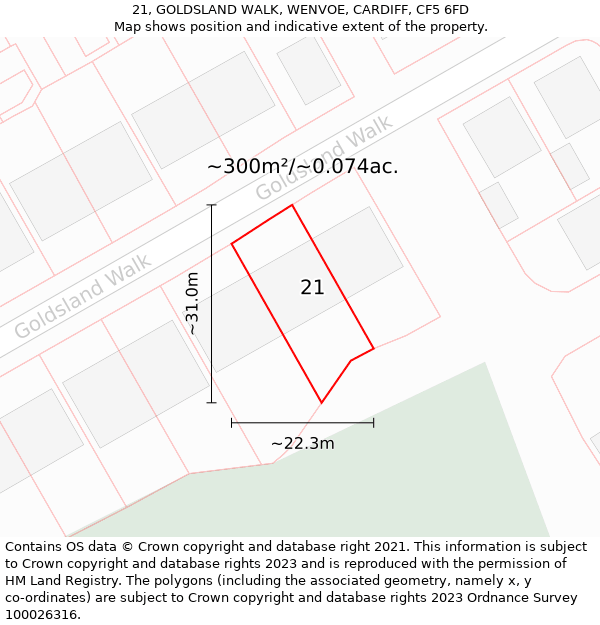 21, GOLDSLAND WALK, WENVOE, CARDIFF, CF5 6FD: Plot and title map