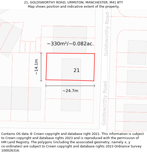 21, GOLDSWORTHY ROAD, URMSTON, MANCHESTER, M41 8TY: Plot and title map