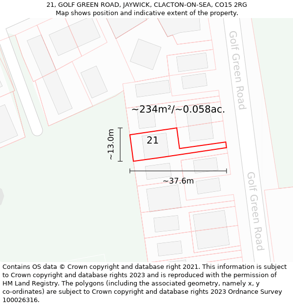21, GOLF GREEN ROAD, JAYWICK, CLACTON-ON-SEA, CO15 2RG: Plot and title map